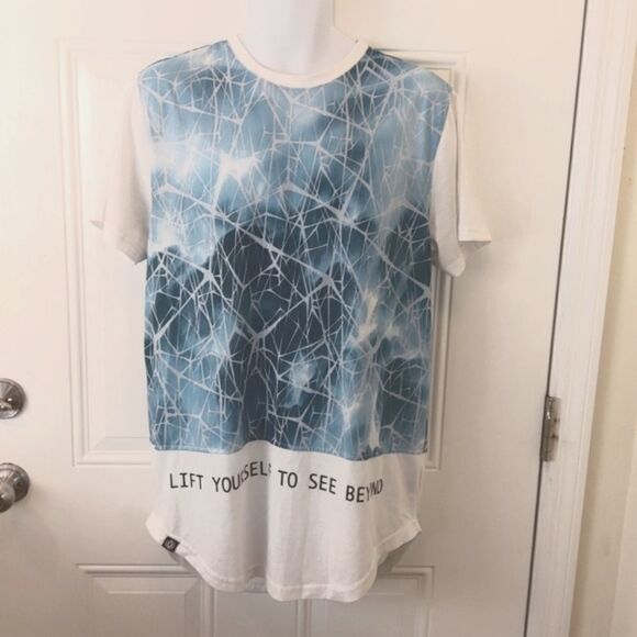 (3/$20) Akademiks blue and white short sleeve t-shirt with rounded hem - Picture 1 of 11